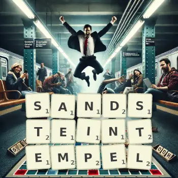 Kreative Illustration für ein Scrabble-Spiel, bei dem das Wort SANDSTEINTEMPEL mit Steinen auf dem Brett gelegt wurde.