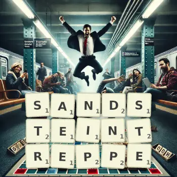 Kreative Illustration für ein Scrabble-Spiel, bei dem das Wort SANDSTEINTREPPE mit Steinen auf dem Brett gelegt wurde.