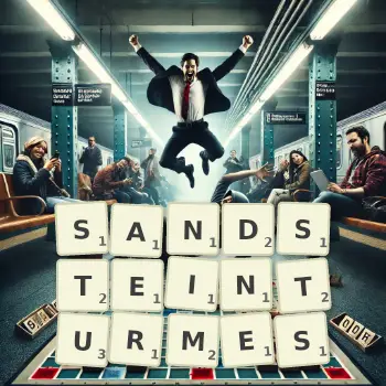 Kreative Illustration für ein Scrabble-Spiel, bei dem das Wort SANDSTEINTURMES mit Steinen auf dem Brett gelegt wurde.