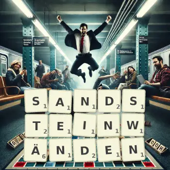 Kreative Illustration für ein Scrabble-Spiel, bei dem das Wort SANDSTEINWÄNDEN mit Steinen auf dem Brett gelegt wurde.