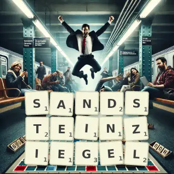 Kreative Illustration für ein Scrabble-Spiel, bei dem das Wort SANDSTEINZIEGEL mit Steinen auf dem Brett gelegt wurde.