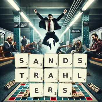 Kreative Illustration für ein Scrabble-Spiel, bei dem das Wort SANDSTRAHLERS mit Steinen auf dem Brett gelegt wurde.