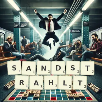 Kreative Illustration für ein Scrabble-Spiel, bei dem das Wort SANDSTRAHLT mit Steinen auf dem Brett gelegt wurde.