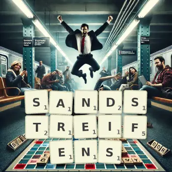 Kreative Illustration für ein Scrabble-Spiel, bei dem das Wort SANDSTREIFENS mit Steinen auf dem Brett gelegt wurde.