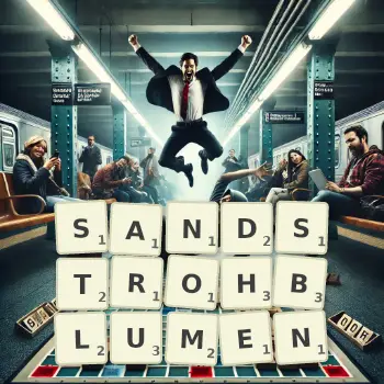 Kreative Illustration für ein Scrabble-Spiel, bei dem das Wort SANDSTROHBLUMEN mit Steinen auf dem Brett gelegt wurde.