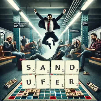 Kreative Illustration für ein Scrabble-Spiel, bei dem das Wort SANDUFER mit Steinen auf dem Brett gelegt wurde.