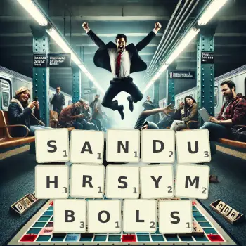 Kreative Illustration für ein Scrabble-Spiel, bei dem das Wort SANDUHRSYMBOLS mit Steinen auf dem Brett gelegt wurde.