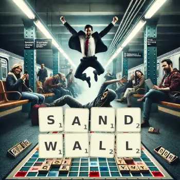 Kreative Illustration für ein Scrabble-Spiel, bei dem das Wort SANDWALL mit Steinen auf dem Brett gelegt wurde.