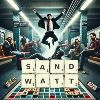 Kreative Illustration für ein Scrabble-Spiel, bei dem das Wort SANDWATT mit Steinen auf dem Brett gelegt wurde.