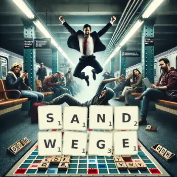 Kreative Illustration für ein Scrabble-Spiel, bei dem das Wort SANDWEGE mit Steinen auf dem Brett gelegt wurde.