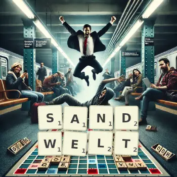 Kreative Illustration für ein Scrabble-Spiel, bei dem das Wort SANDWELT mit Steinen auf dem Brett gelegt wurde.