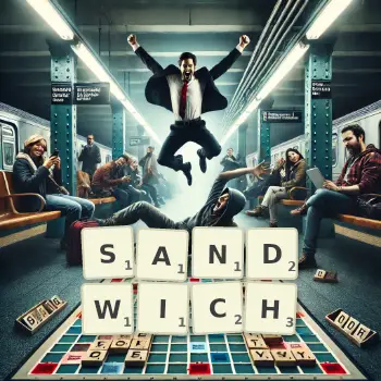 Kreative Illustration für ein Scrabble-Spiel, bei dem das Wort SANDWICH mit Steinen auf dem Brett gelegt wurde.