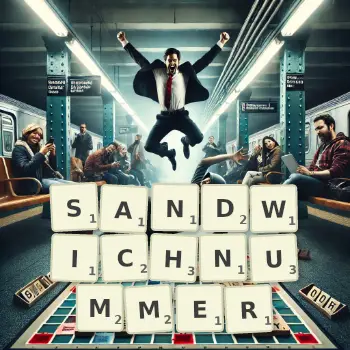 Kreative Illustration für ein Scrabble-Spiel, bei dem das Wort SANDWICHNUMMER mit Steinen auf dem Brett gelegt wurde.