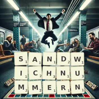 Kreative Illustration für ein Scrabble-Spiel, bei dem das Wort SANDWICHNUMMERN mit Steinen auf dem Brett gelegt wurde.