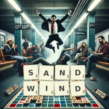 Kreative Illustration für ein Scrabble-Spiel, bei dem das Wort SANDWIND mit Steinen auf dem Brett gelegt wurde.