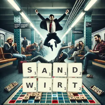 Kreative Illustration für ein Scrabble-Spiel, bei dem das Wort SANDWIRT mit Steinen auf dem Brett gelegt wurde.