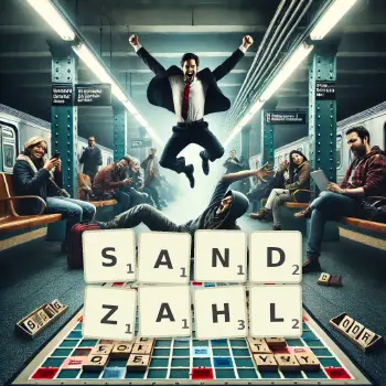 Kreative Illustration für ein Scrabble-Spiel, bei dem das Wort SANDZAHL mit Steinen auf dem Brett gelegt wurde.