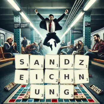 Kreative Illustration für ein Scrabble-Spiel, bei dem das Wort SANDZEICHNUNG mit Steinen auf dem Brett gelegt wurde.