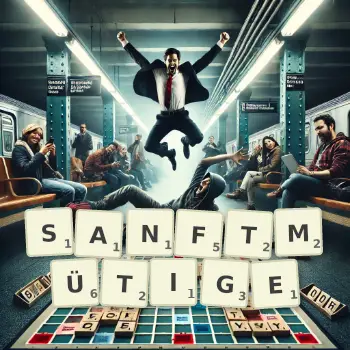 Kreative Illustration für ein Scrabble-Spiel, bei dem das Wort SANFTMÜTIGE mit Steinen auf dem Brett gelegt wurde.