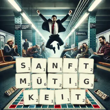 Kreative Illustration für ein Scrabble-Spiel, bei dem das Wort SANFTMÜTIGKEIT mit Steinen auf dem Brett gelegt wurde.