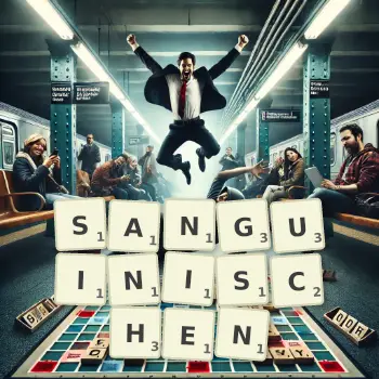 Kreative Illustration für ein Scrabble-Spiel, bei dem das Wort SANGUINISCHEN mit Steinen auf dem Brett gelegt wurde.