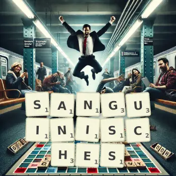 Kreative Illustration für ein Scrabble-Spiel, bei dem das Wort SANGUINISCHES mit Steinen auf dem Brett gelegt wurde.