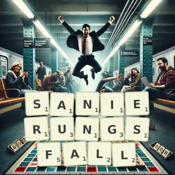 Kreative Illustration für ein Scrabble-Spiel, bei dem das Wort SANIERUNGSFALL mit Steinen auf dem Brett gelegt wurde.