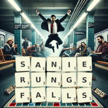 Kreative Illustration für ein Scrabble-Spiel, bei dem das Wort SANIERUNGSFALLS mit Steinen auf dem Brett gelegt wurde.