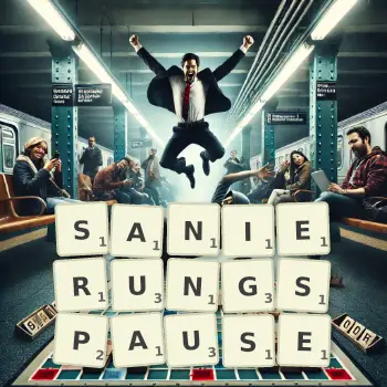 Kreative Illustration für ein Scrabble-Spiel, bei dem das Wort SANIERUNGSPAUSE mit Steinen auf dem Brett gelegt wurde.