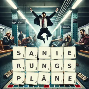 Kreative Illustration für ein Scrabble-Spiel, bei dem das Wort SANIERUNGSPLÄNE mit Steinen auf dem Brett gelegt wurde.