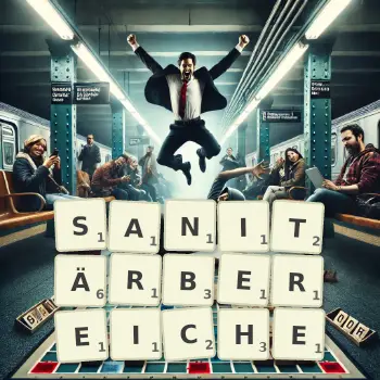 Kreative Illustration für ein Scrabble-Spiel, bei dem das Wort SANITÄRBEREICHE mit Steinen auf dem Brett gelegt wurde.