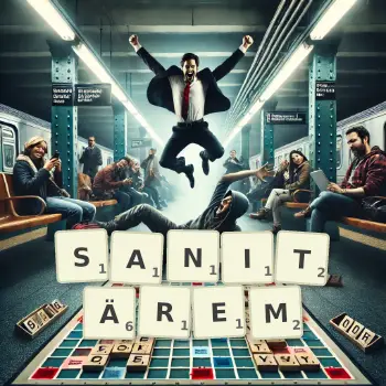 Kreative Illustration für ein Scrabble-Spiel, bei dem das Wort SANITÄREM mit Steinen auf dem Brett gelegt wurde.