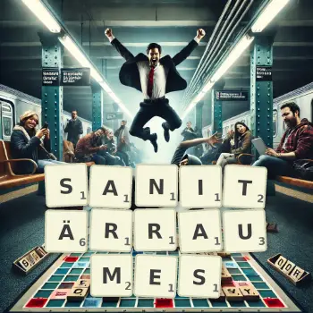 Kreative Illustration für ein Scrabble-Spiel, bei dem das Wort SANITÄRRAUMES mit Steinen auf dem Brett gelegt wurde.