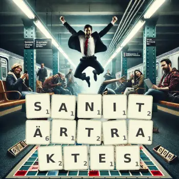 Kreative Illustration für ein Scrabble-Spiel, bei dem das Wort SANITÄRTRAKTES mit Steinen auf dem Brett gelegt wurde.