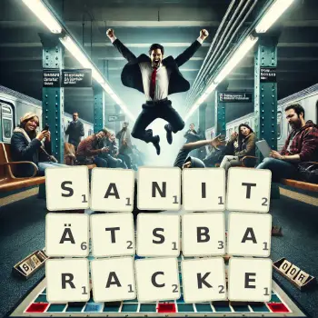 Kreative Illustration für ein Scrabble-Spiel, bei dem das Wort SANITÄTSBARACKE mit Steinen auf dem Brett gelegt wurde.