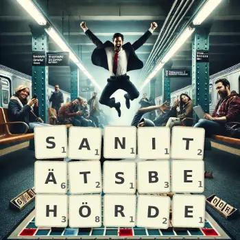 Kreative Illustration für ein Scrabble-Spiel, bei dem das Wort SANITÄTSBEHÖRDE mit Steinen auf dem Brett gelegt wurde.