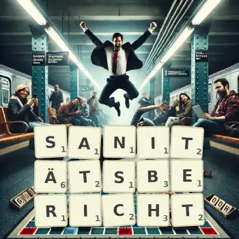 Kreative Illustration für ein Scrabble-Spiel, bei dem das Wort SANITÄTSBERICHT mit Steinen auf dem Brett gelegt wurde.
