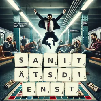 Kreative Illustration für ein Scrabble-Spiel, bei dem das Wort SANITÄTSDIENST mit Steinen auf dem Brett gelegt wurde.
