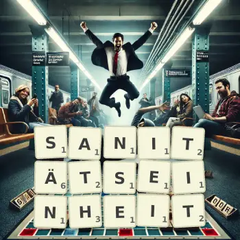 Kreative Illustration für ein Scrabble-Spiel, bei dem das Wort SANITÄTSEINHEIT mit Steinen auf dem Brett gelegt wurde.