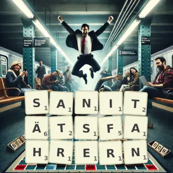 Kreative Illustration für ein Scrabble-Spiel, bei dem das Wort SANITÄTSFAHRERN mit Steinen auf dem Brett gelegt wurde.