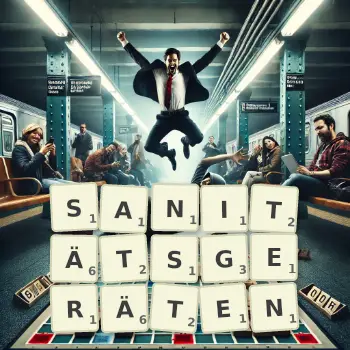 Kreative Illustration für ein Scrabble-Spiel, bei dem das Wort SANITÄTSGERÄTEN mit Steinen auf dem Brett gelegt wurde.