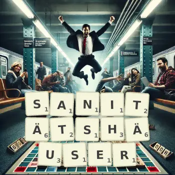 Kreative Illustration für ein Scrabble-Spiel, bei dem das Wort SANITÄTSHÄUSER mit Steinen auf dem Brett gelegt wurde.