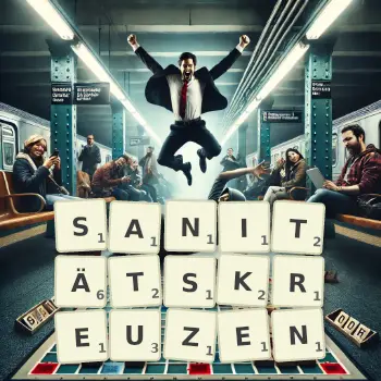 Kreative Illustration für ein Scrabble-Spiel, bei dem das Wort SANITÄTSKREUZEN mit Steinen auf dem Brett gelegt wurde.