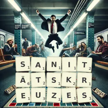 Kreative Illustration für ein Scrabble-Spiel, bei dem das Wort SANITÄTSKREUZES mit Steinen auf dem Brett gelegt wurde.