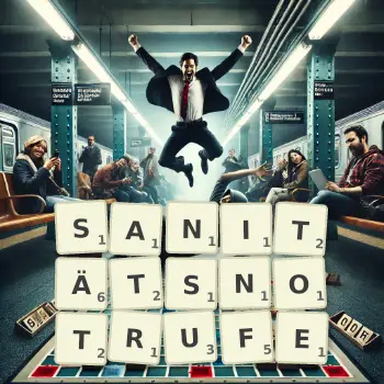 Kreative Illustration für ein Scrabble-Spiel, bei dem das Wort SANITÄTSNOTRUFE mit Steinen auf dem Brett gelegt wurde.