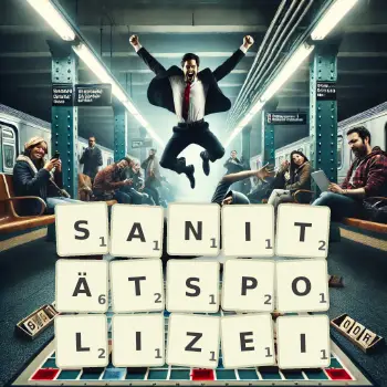 Kreative Illustration für ein Scrabble-Spiel, bei dem das Wort SANITÄTSPOLIZEI mit Steinen auf dem Brett gelegt wurde.