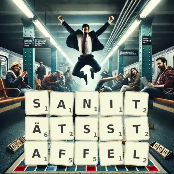 Kreative Illustration für ein Scrabble-Spiel, bei dem das Wort SANITÄTSSTAFFEL mit Steinen auf dem Brett gelegt wurde.