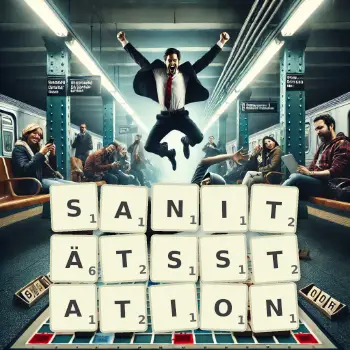 Kreative Illustration für ein Scrabble-Spiel, bei dem das Wort SANITÄTSSTATION mit Steinen auf dem Brett gelegt wurde.