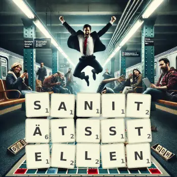 Kreative Illustration für ein Scrabble-Spiel, bei dem das Wort SANITÄTSSTELLEN mit Steinen auf dem Brett gelegt wurde.