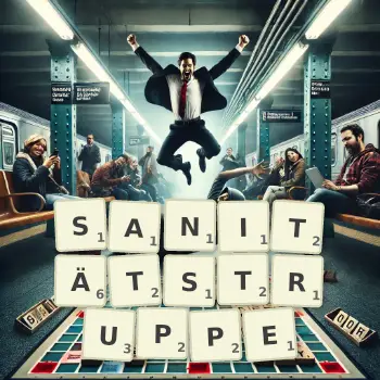 Kreative Illustration für ein Scrabble-Spiel, bei dem das Wort SANITÄTSTRUPPE mit Steinen auf dem Brett gelegt wurde.